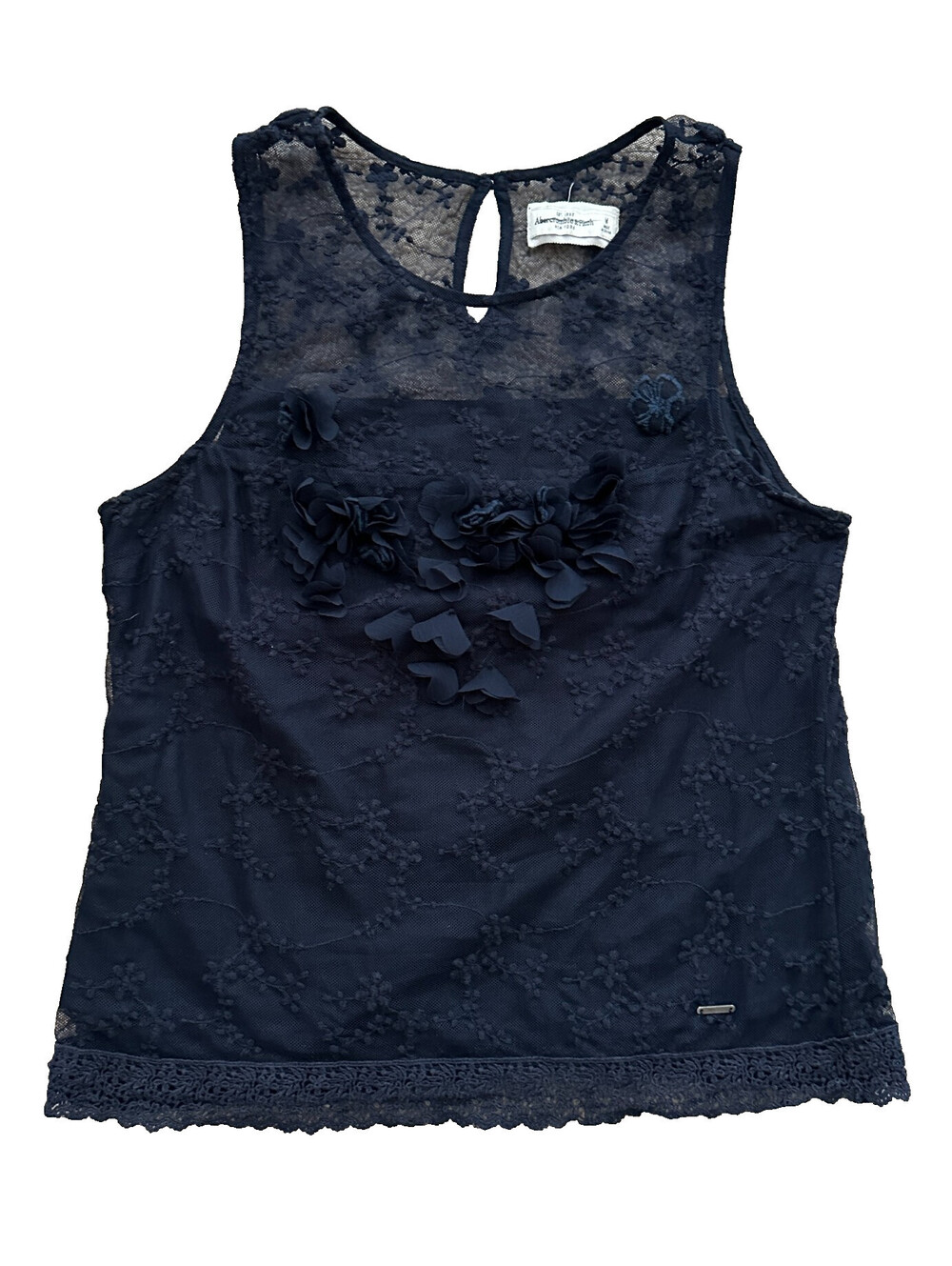 Abercrombie & Fitch Blue Sleeveless Knit Blouse Sheer Floral Applique Lace Top M